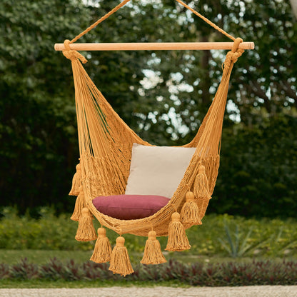 Ocean Seat in Warm Honey Honey Brown Tasseled Cotton Rope Mayan Hammock Swing