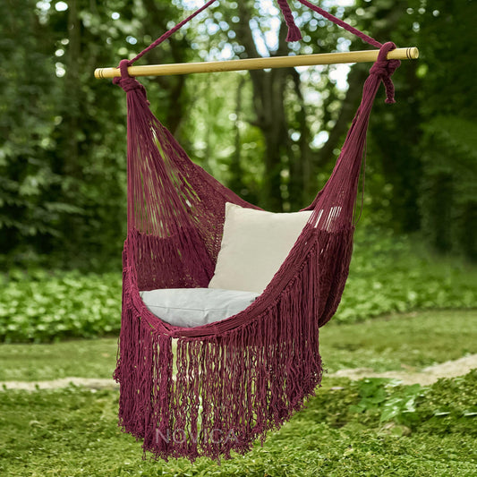 Sea Breezes in Bordeaux Burgundy Fringed Cotton Rope Mayan Hammock Swing from Mexico