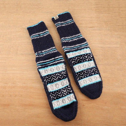 Midnight Frost Hand-Knit Midnight Blue Thick Slipper Style Socks from India