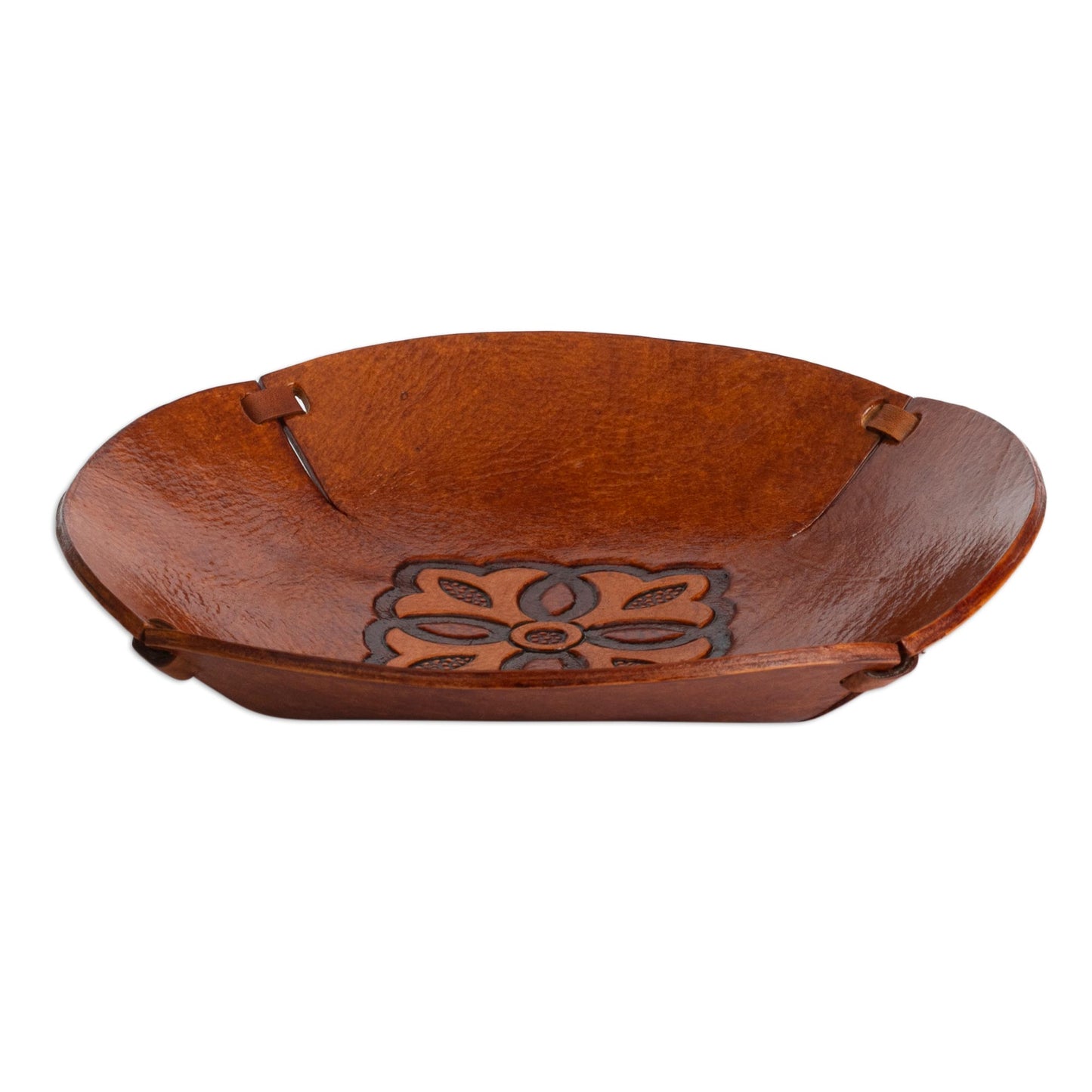 Colonial Florals Brown Hand Tooled Leather Catchall Plate from Peru