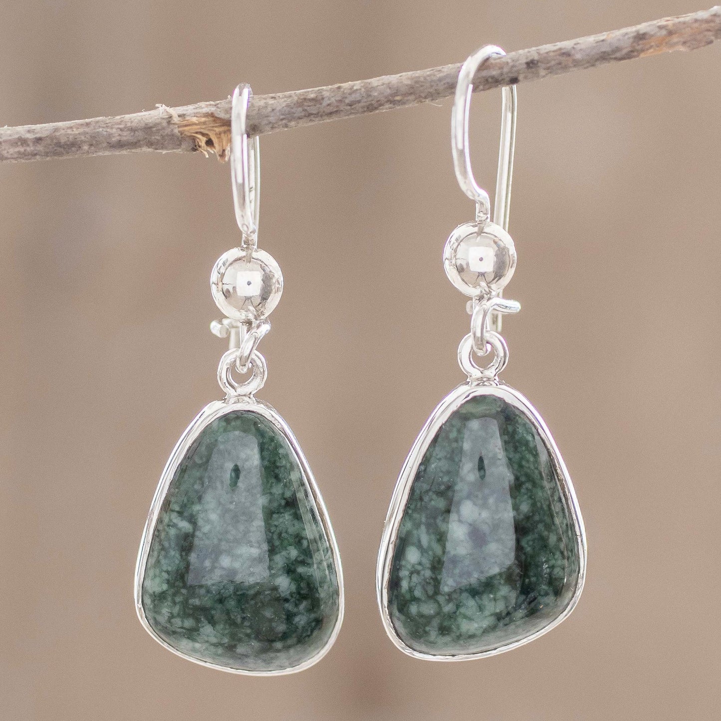 Asymmetry in Green 925 Sterling Silver Dark Green Jade Earrings from Guatemala