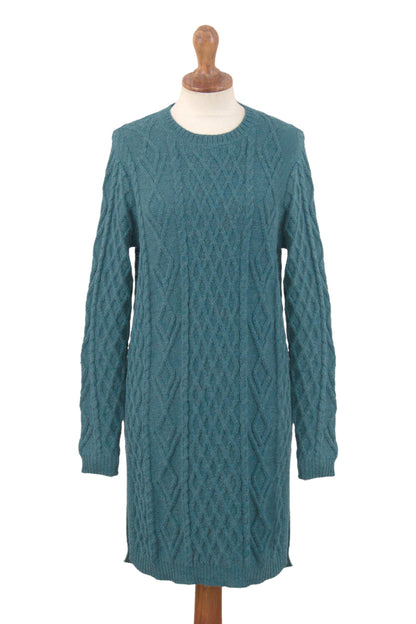 Winter Teal Baby Alpaca Teal Cable Knit Tunic Sweater Dress