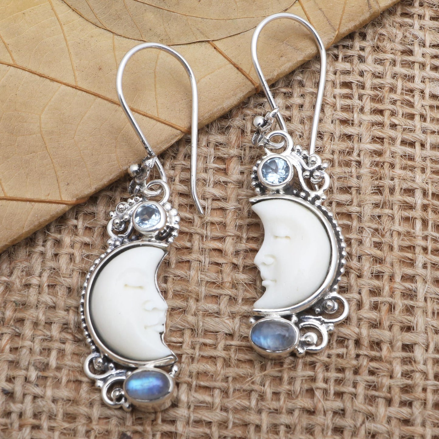 Blue Light Hand Crafted Blue Topaz and Rainbow Moonstone Earrings