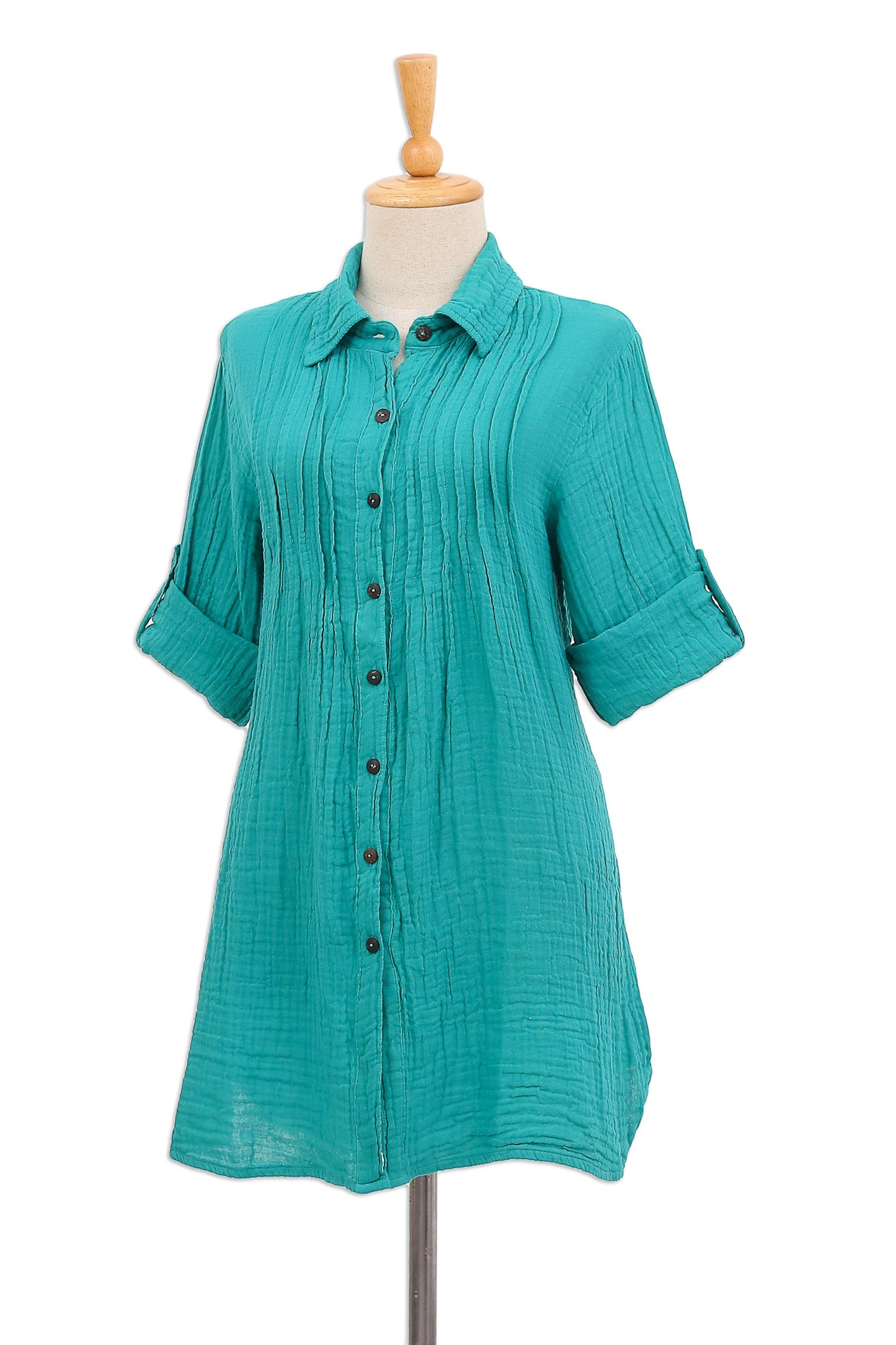 Turquoise Pintucks Button-Up Cotton Gauze Shirt from Thailand