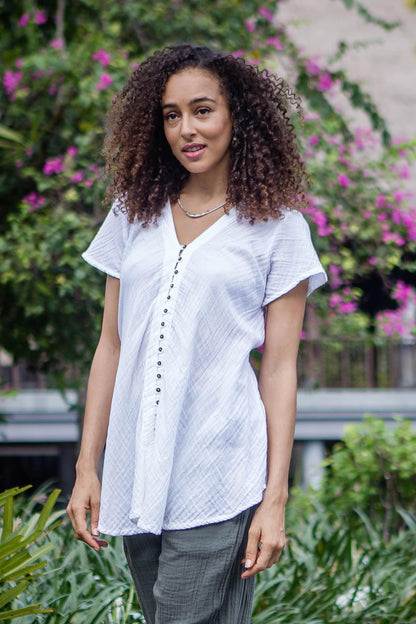 White Flair Buttoned Cotton Gauze Blouse with Short Sleeves