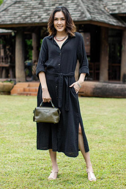 Street Smarts in Black Black Belted Cotton Shirtwaist Dress from Thailand