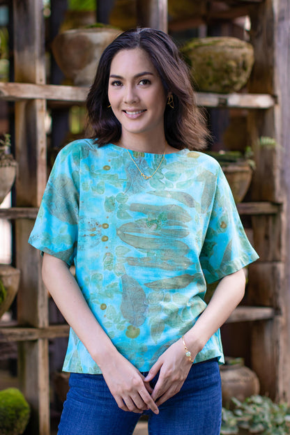 Turquoise Memory Thai Ouke-Printed Cotton Blouse