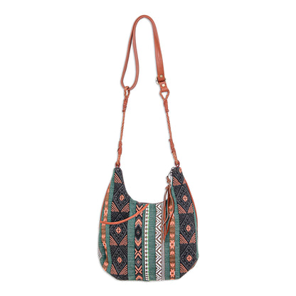 Fabled Land in Green Leather-Accented Sling Bag with Geometric Motif