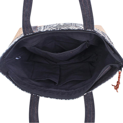 Happy Journey in Black Black and White Cotton Blend Shoulder Bag