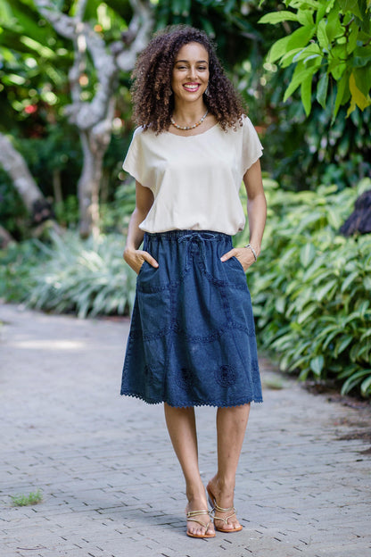 Journey Home Blue Cotton Skirt with Lace Trim