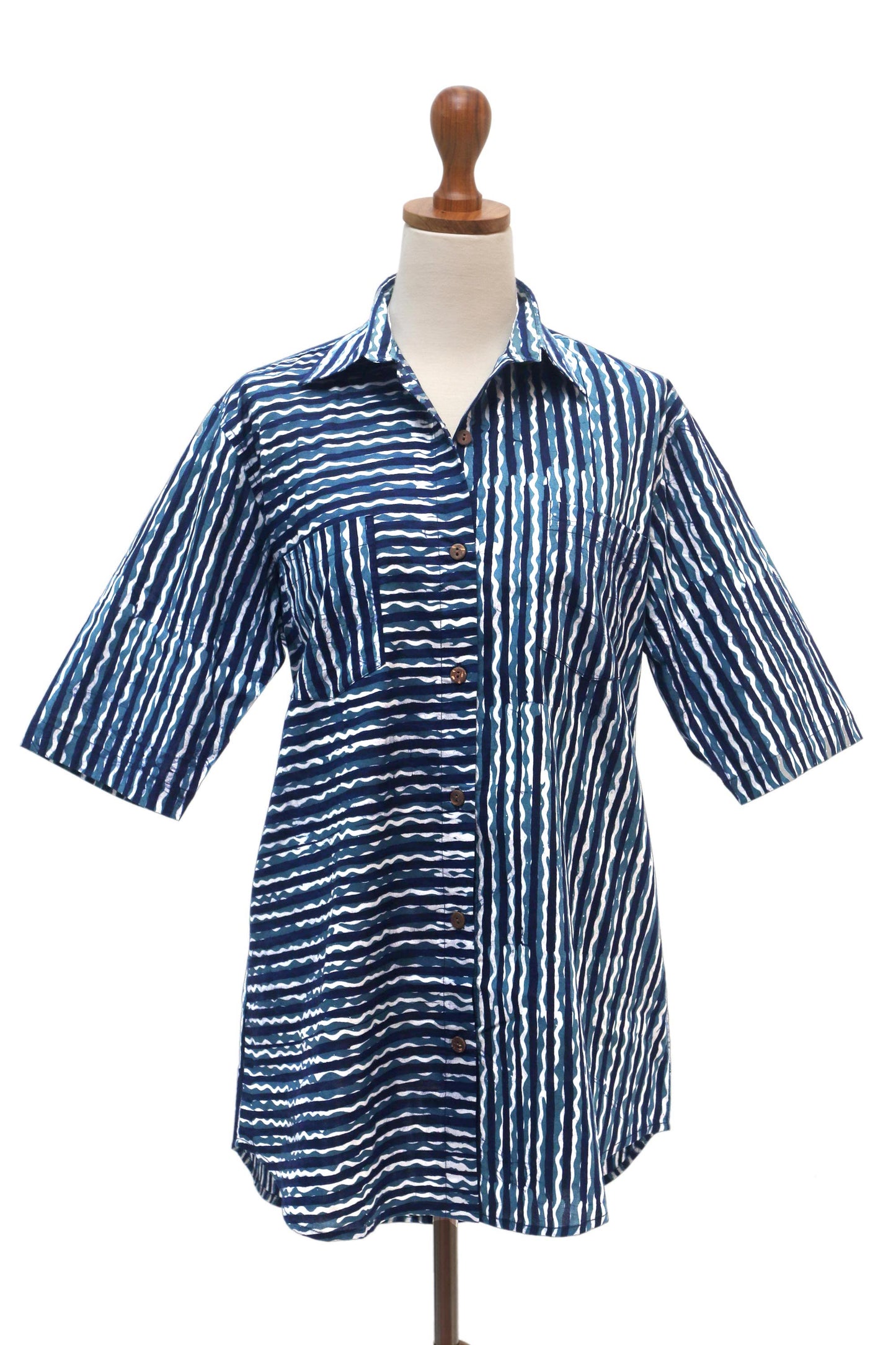 Ocean Wave Collared Cotton Batik Shirt from Bali