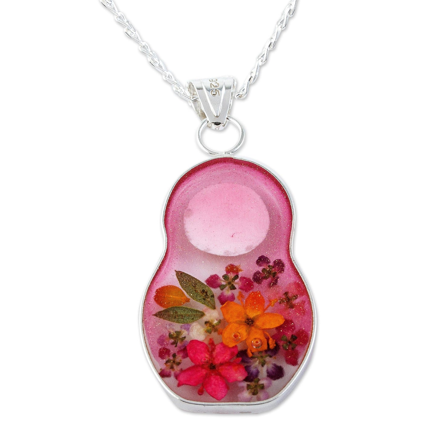 Mexican Matryoshka Matryoshka Style Pendant Necklace with Natural Flowers