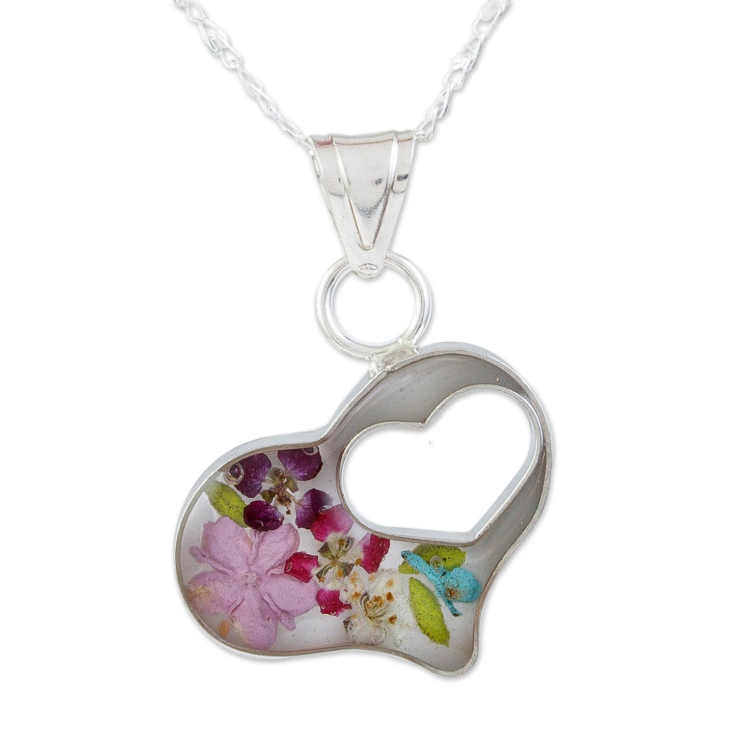 Pink Flowered Heart Clear Resin Double Heart Sterling Silver Pendant Necklace