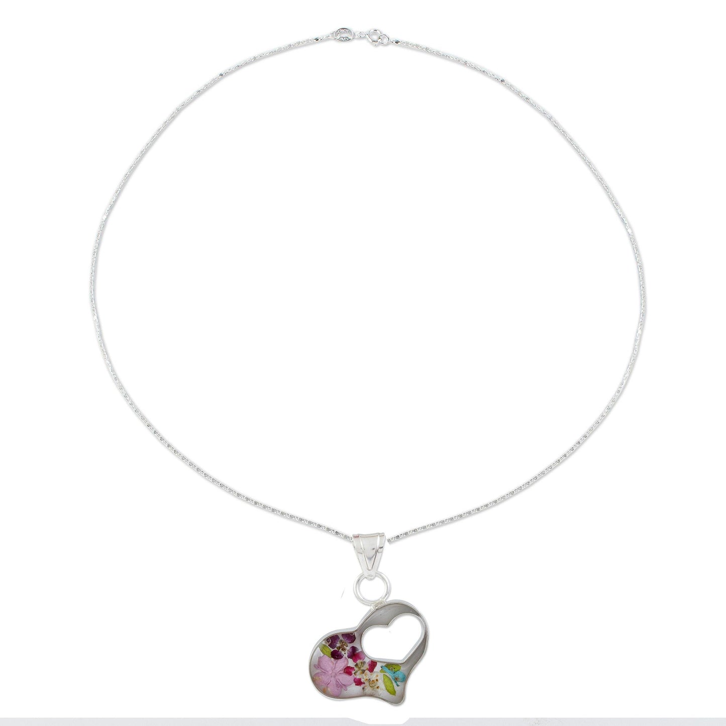 Pink Flowered Heart Clear Resin Double Heart Sterling Silver Pendant Necklace