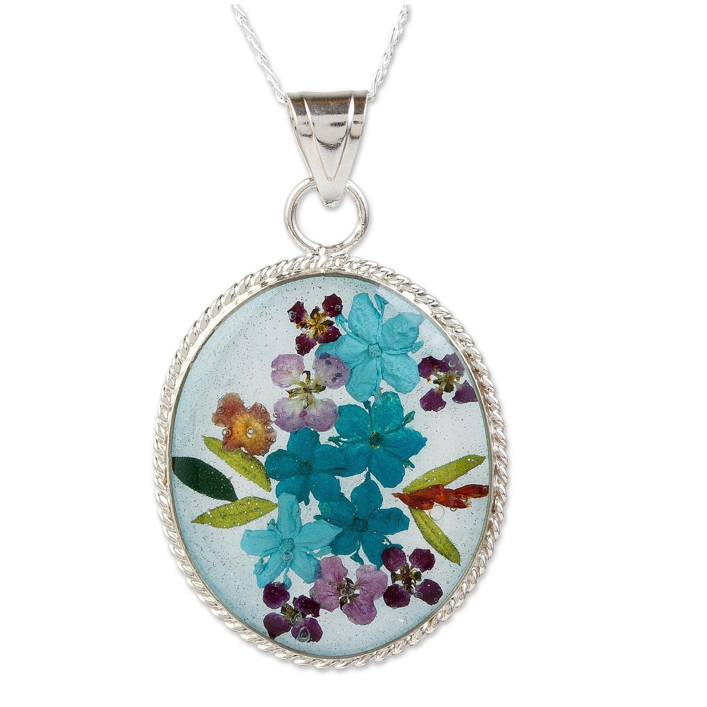 Azure Forever Blue Dried Flower and Resin Silver Necklace from Mexico