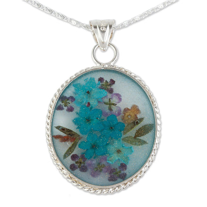 Azure Forever Blue Dried Flower and Resin Silver Necklace from Mexico