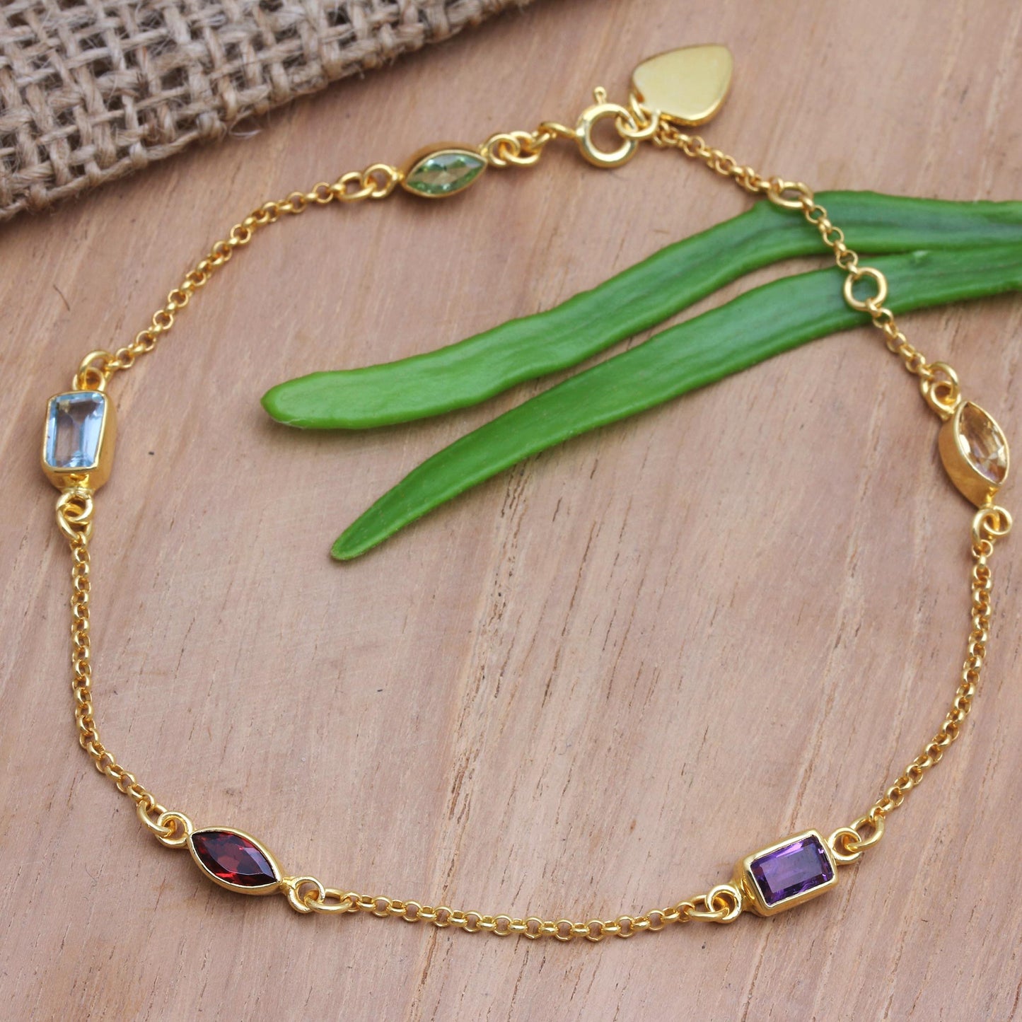 Heaven's Rainbow Gold-Plated Birthstone Station Bracelet from Bali