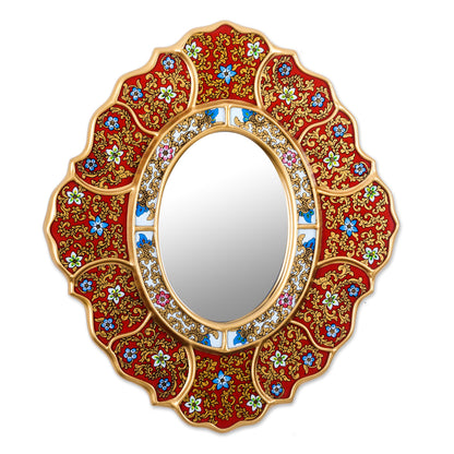 Floral Crimson Unique Red and Gold Reverse Painted Glass Wall Mirror