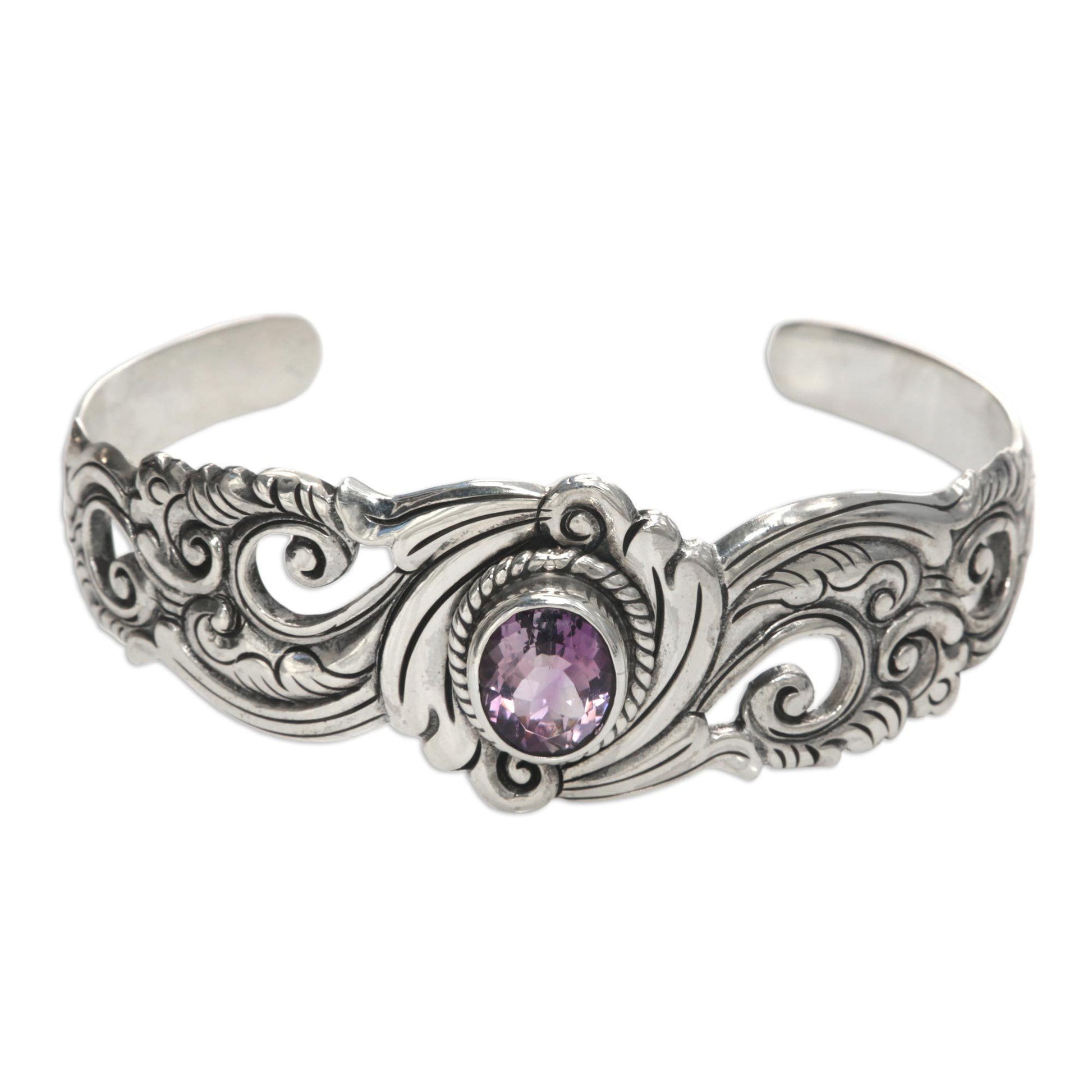 NOVICA - Amethyst & Silver Floral Paisley Cuff Bracelet