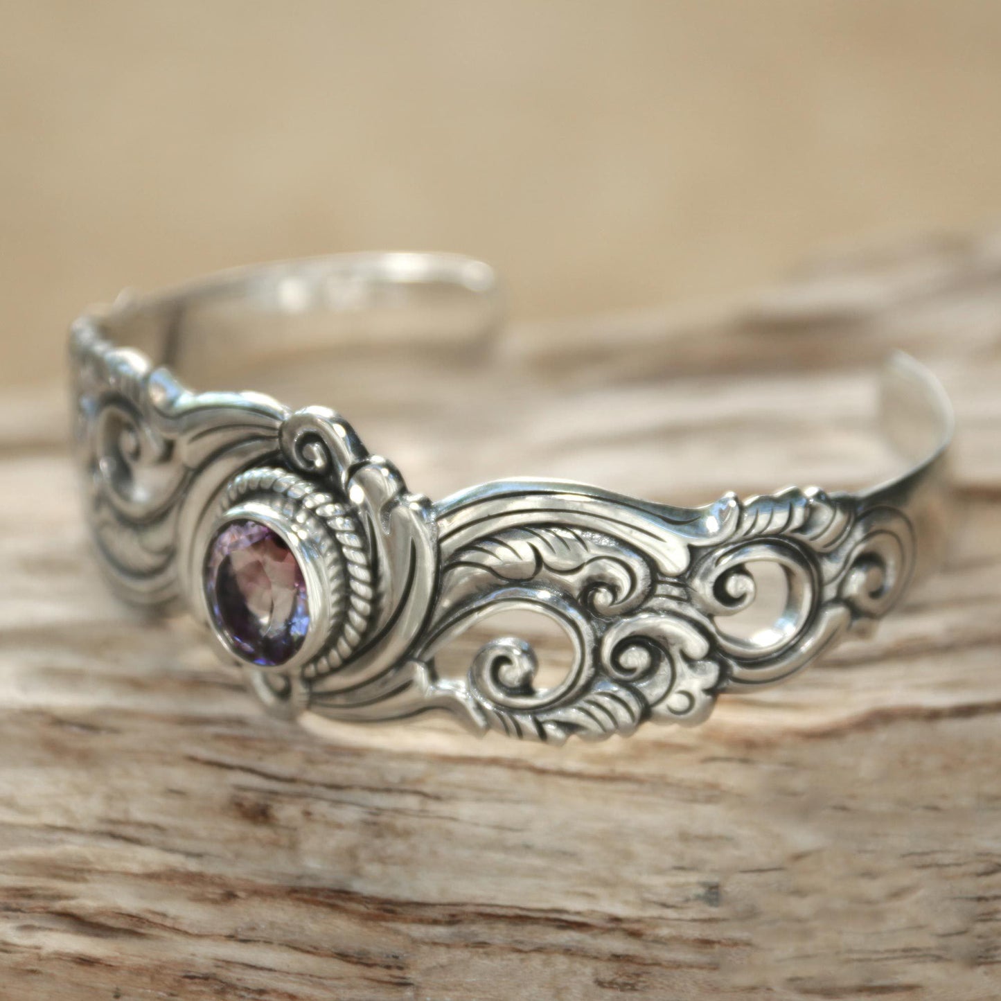 NOVICA - Amethyst & Silver Floral Paisley Cuff Bracelet