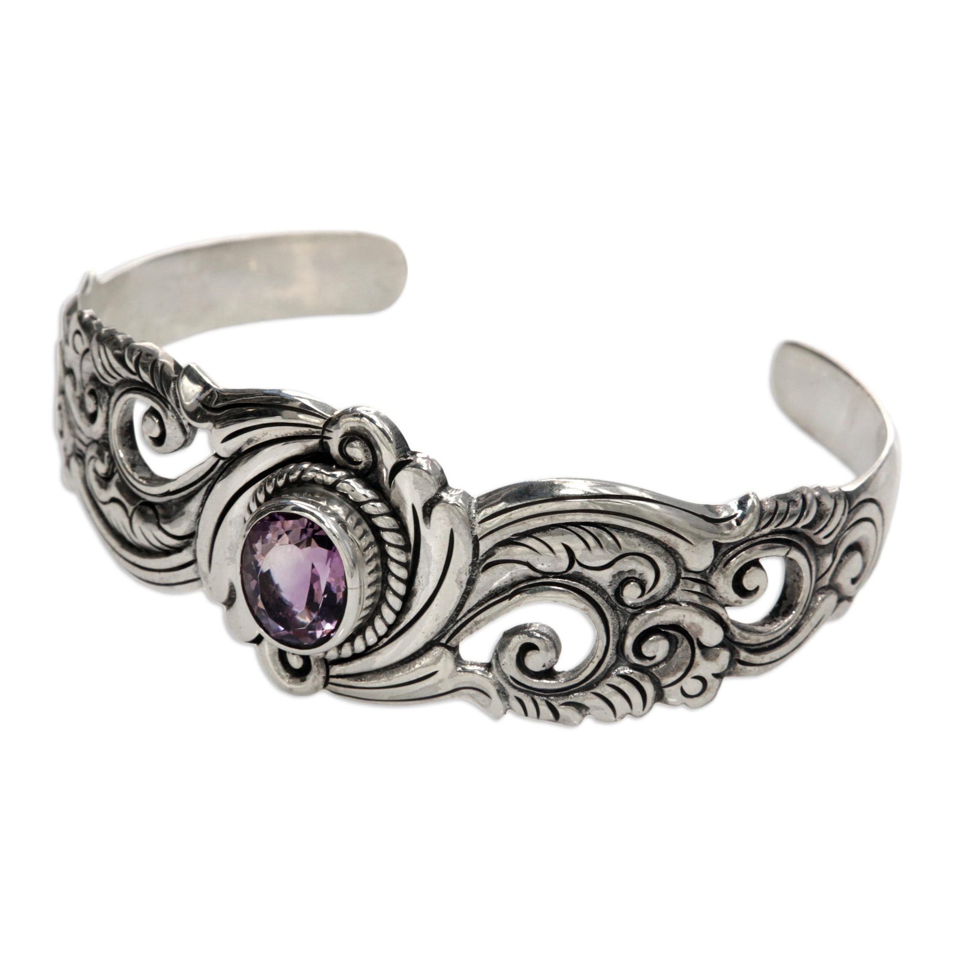 NOVICA - Amethyst & Silver Floral Paisley Cuff Bracelet