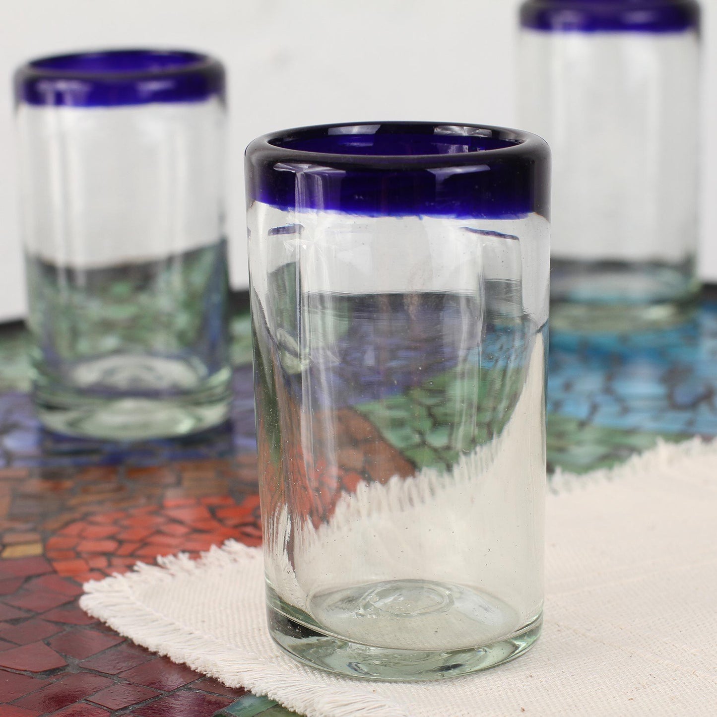 Cobalt Rim Hand-Blown Recycled Glass Juice Glass Set