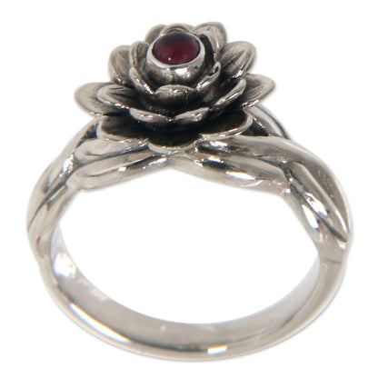 Red-Eyed Lotus Handcrafted Floral Sterling Silver and Garnet Ring