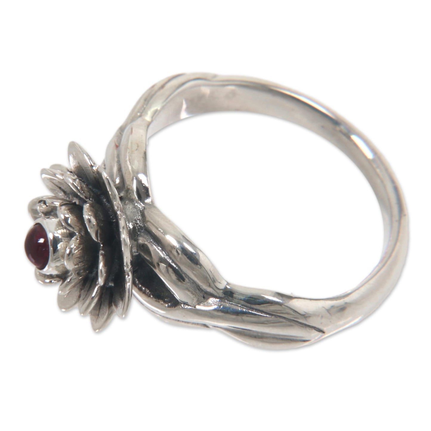 Red-Eyed Lotus Handcrafted Floral Sterling Silver and Garnet Ring