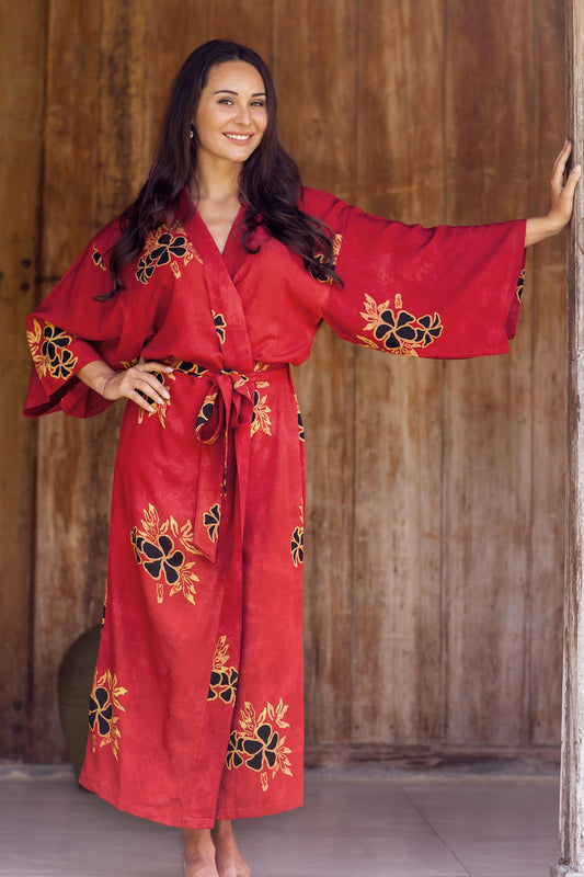 Hibiscus Red Hand Made Batik Robe from Indonesia