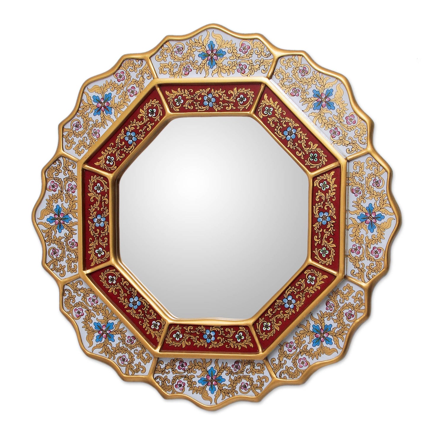 White Star Reverse Painted Glass Wood Mirror from Peru