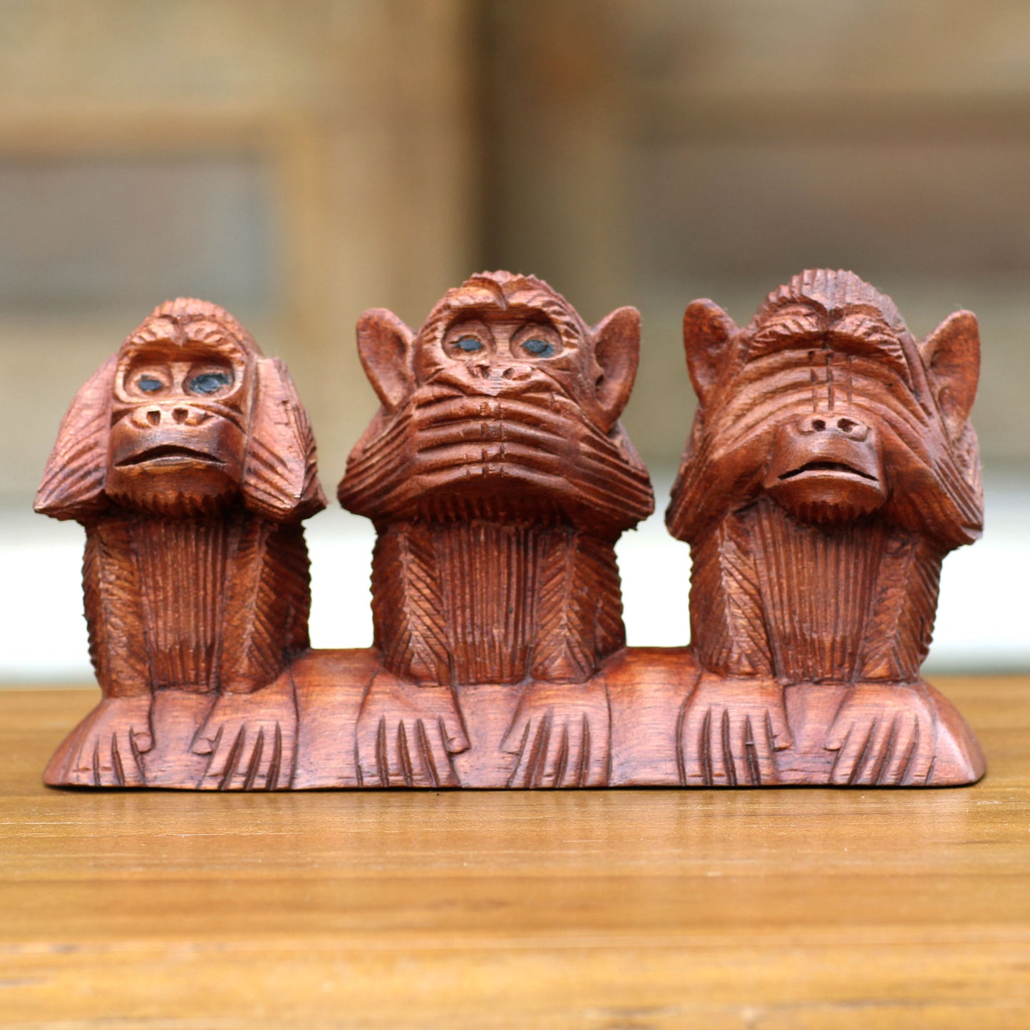 Three Wise Monkeys Suar Wood Proverb Sculpture