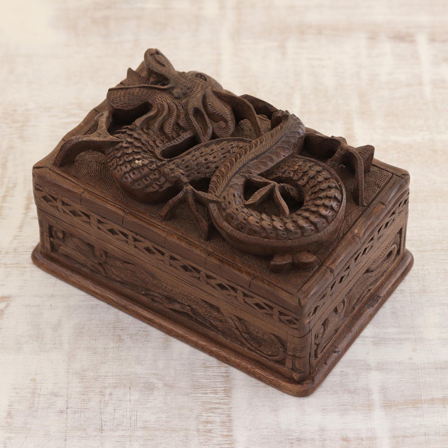 Lucky Dragon Hand Carved Wood Jewelry Box