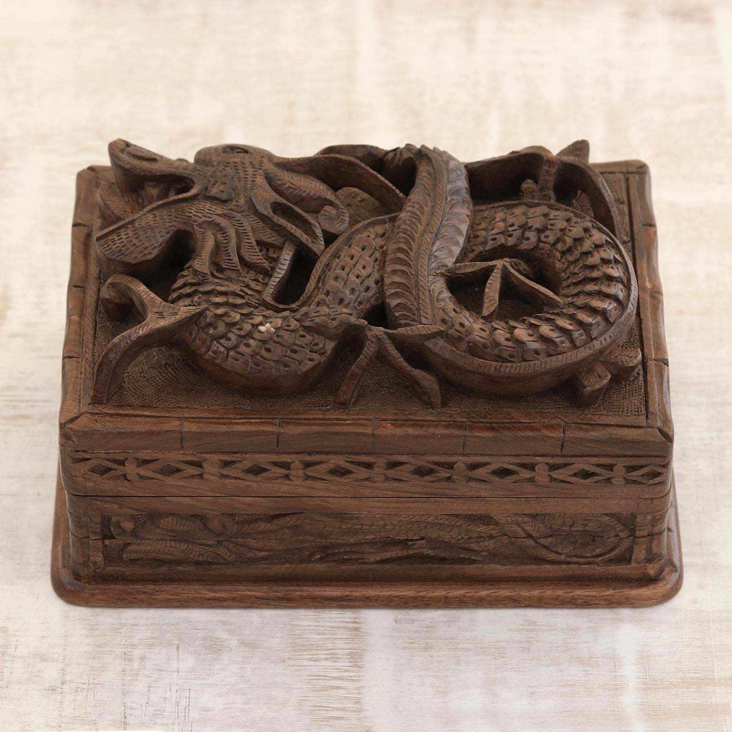 Lucky Dragon Hand Carved Wood Jewelry Box