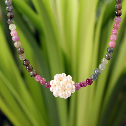 Ivory Chrysanthemum Tourmaline Pearl & Silver Necklace