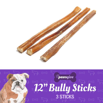 PawsGive - PawsGive 12" Bully Sticks For Dogs From Grass Fed Free Range Cattle